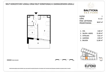 Rzut - Mieszkanie na sprzedaż 2 pokoje o powierzchni 38,97 m² - numer A.1.12 w Bałtycka Sea Park