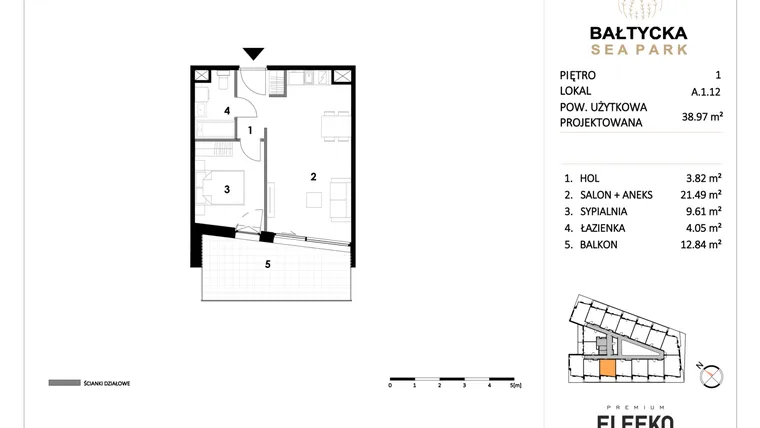 Rzut - Mieszkanie na sprzedaż 2 pokoje o powierzchni 38,97 m² - numer A.1.12 w Bałtycka Sea Park