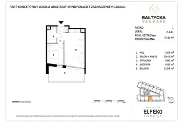 Rzut - Mieszkanie na sprzedaż 2 pokoje o powierzchni 37,89 m² - numer A.1.11 w Bałtycka Sea Park