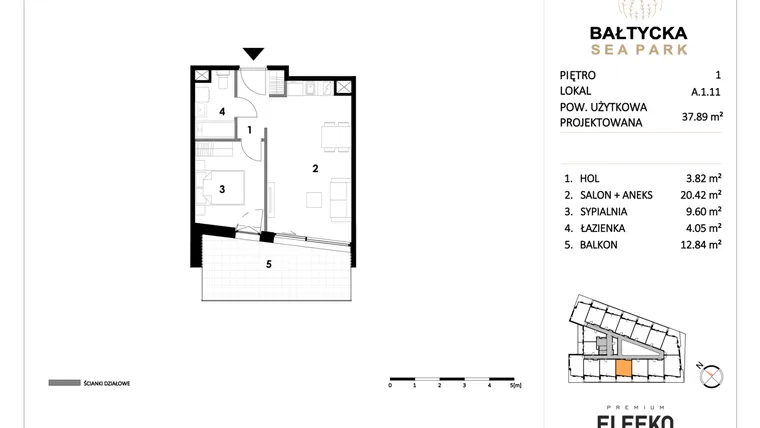 Rzut - Mieszkanie na sprzedaż 2 pokoje o powierzchni 37,89 m² - numer A.1.11 w Bałtycka Sea Park