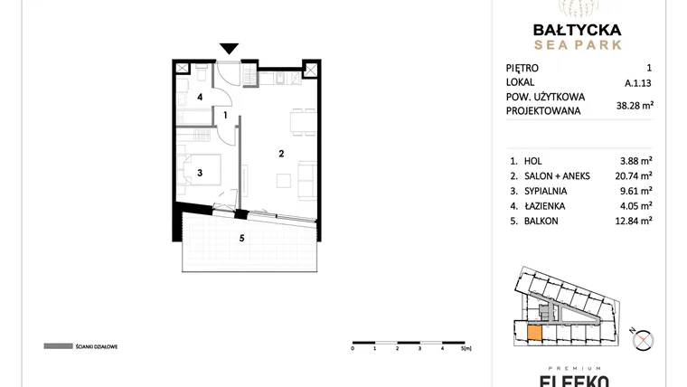 Rzut - Mieszkanie na sprzedaż 2 pokoje o powierzchni 38,28 m² - numer A.1.13 w Bałtycka Sea Park