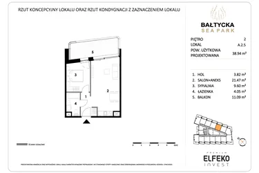Rzut - Mieszkanie na sprzedaż 2 pokoje o powierzchni 38,94 m² - numer A.2.5 w Bałtycka Sea Park