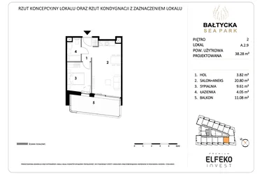 Rzut - Mieszkanie na sprzedaż 2 pokoje o powierzchni 38,28 m² - numer A.2.9 w Bałtycka Sea Park