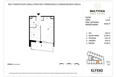 Rzut - Mieszkanie na sprzedaż 2 pokoje o powierzchni 38,96 m² - numer A.2.10 w Bałtycka Sea Park