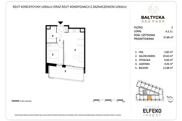 Rzut - Mieszkanie na sprzedaż 2 pokoje o powierzchni 37,89 m² - numer A.2.11 w Bałtycka Sea Park