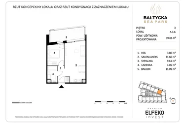 Rzut - Mieszkanie na sprzedaż 2 pokoje o powierzchni 39,06 m² - numer A.3.6 w Bałtycka Sea Park