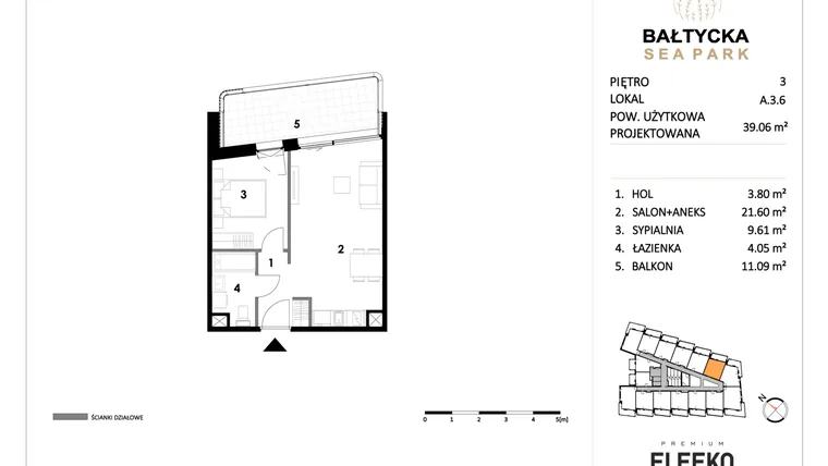 Rzut - Mieszkanie na sprzedaż 2 pokoje o powierzchni 39,06 m² - numer A.3.6 w Bałtycka Sea Park