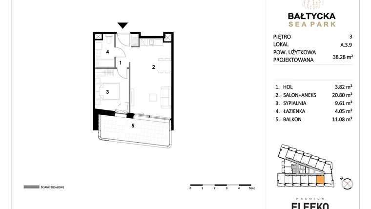 Rzut - Mieszkanie na sprzedaż 2 pokoje o powierzchni 38,28 m² - numer A.3.9 w Bałtycka Sea Park