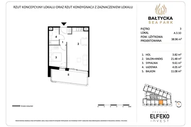 Rzut - Mieszkanie na sprzedaż 2 pokoje o powierzchni 38,96 m² - numer A.3.10 w Bałtycka Sea Park