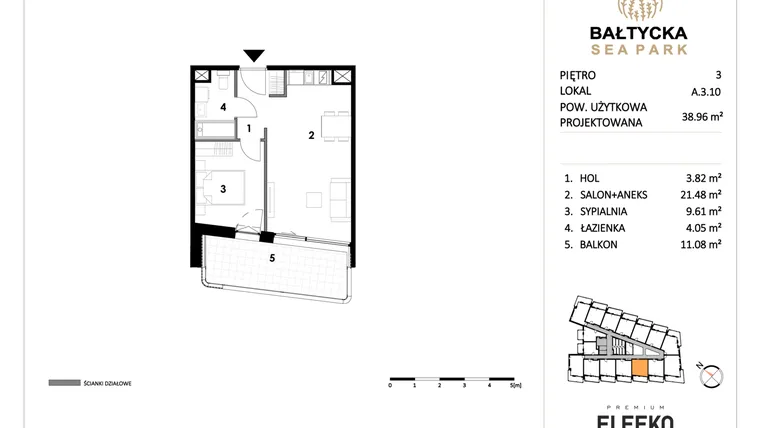 Rzut - Mieszkanie na sprzedaż 2 pokoje o powierzchni 38,96 m² - numer A.3.10 w Bałtycka Sea Park