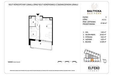 Rzut - Mieszkanie na sprzedaż 2 pokoje o powierzchni 37,9 m² - numer A.3.11 w Bałtycka Sea Park