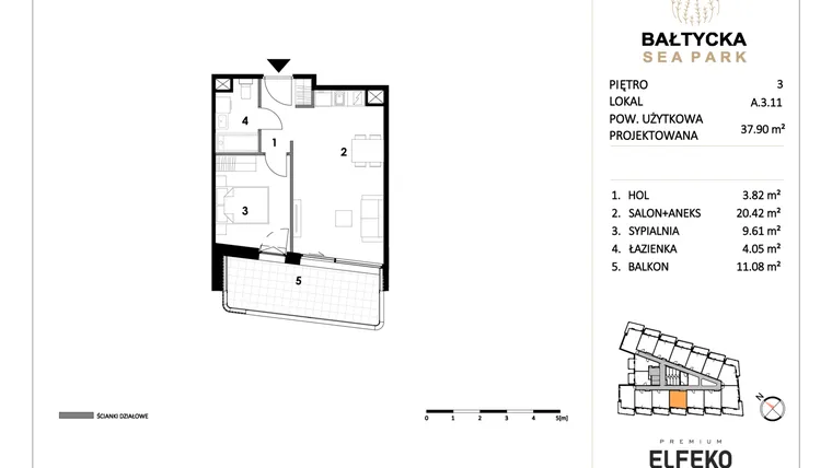 Rzut - Mieszkanie na sprzedaż 2 pokoje o powierzchni 37,9 m² - numer A.3.11 w Bałtycka Sea Park