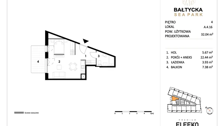 Rzut - Mieszkanie na sprzedaż 1 pokój o powierzchni 32,04 m² - numer A.4.16 w Bałtycka Sea Park