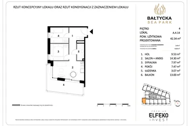 Rzut - Mieszkanie na sprzedaż 3 pokoje o powierzchni 42,34 m² - numer A.4.14 w Bałtycka Sea Park