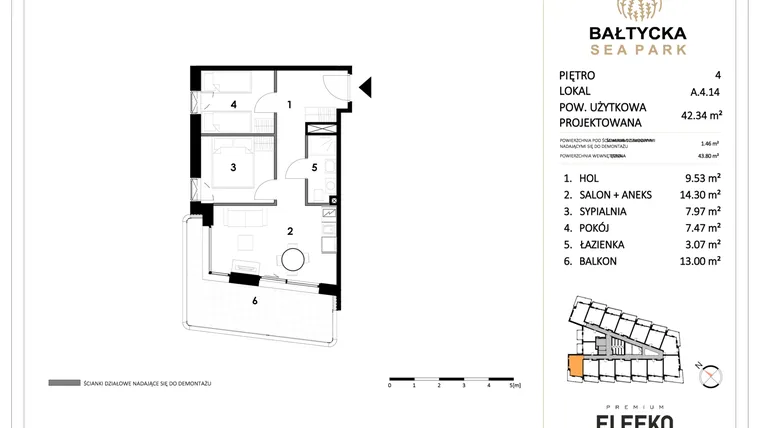 Rzut - Mieszkanie na sprzedaż 3 pokoje o powierzchni 42,34 m² - numer A.4.14 w Bałtycka Sea Park