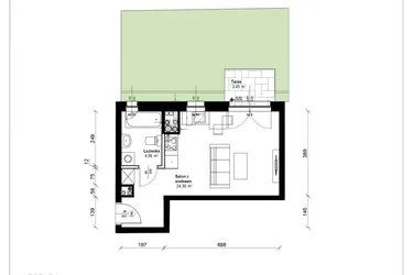 Rzut - Mieszkanie na sprzedaż 1 pokój o powierzchni 29,06 m² - numer A.0.03.1a w ATRIUM