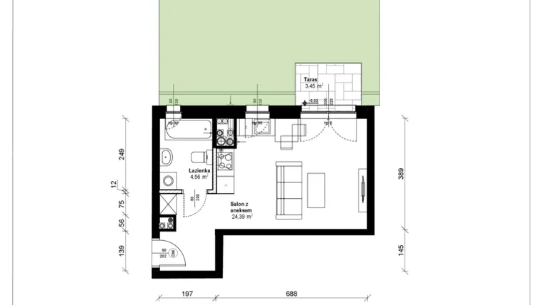 Rzut - Mieszkanie na sprzedaż 1 pokój o powierzchni 29,06 m² - numer A.0.03.1a w ATRIUM
