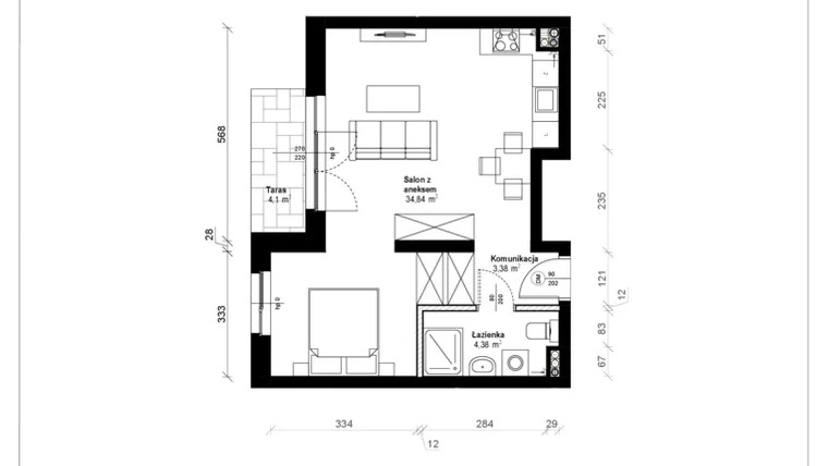 Rzut - Mieszkanie na sprzedaż 1 pokój o powierzchni 42,66 m² - numer B.0.02.1a w ATRIUM