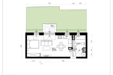 Rzut - Mieszkanie na sprzedaż 1 pokój o powierzchni 34,09 m² - numer B.0.05.1k w ATRIUM