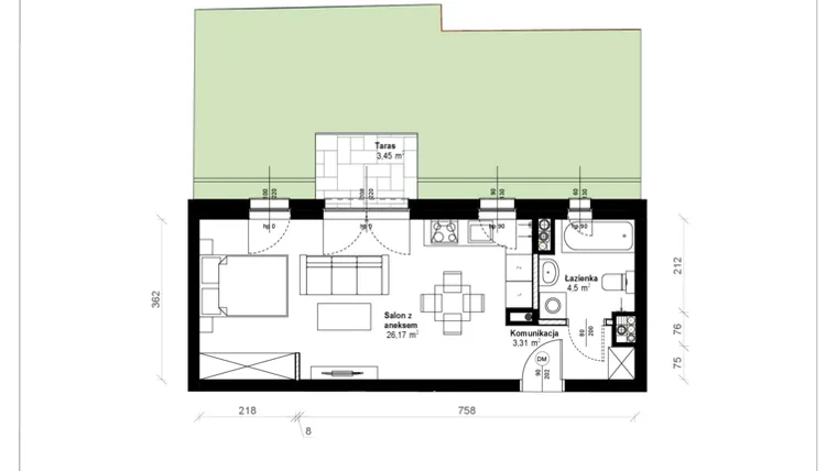Rzut - Mieszkanie na sprzedaż 1 pokój o powierzchni 34,09 m² - numer B.0.05.1k w ATRIUM