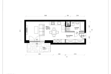 Rzut - Mieszkanie na sprzedaż 1 pokój o powierzchni 33,34 m² - numer B.0.03.1a w ATRIUM
