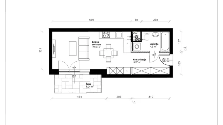 Rzut - Mieszkanie na sprzedaż 1 pokój o powierzchni 33,34 m² - numer B.0.03.1a w ATRIUM
