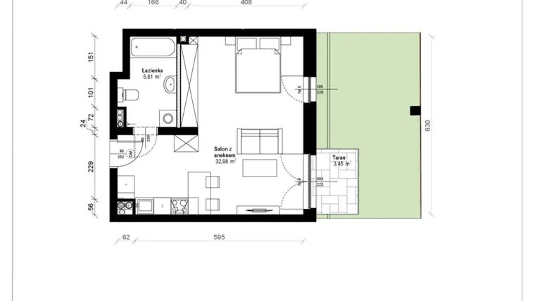 Rzut - Mieszkanie na sprzedaż 1 pokój o powierzchni 39,44 m² - numer B.0.08.1a w ATRIUM