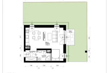 Rzut - Mieszkanie na sprzedaż 1 pokój o powierzchni 35,92 m² - numer B.0.07.1k w ATRIUM