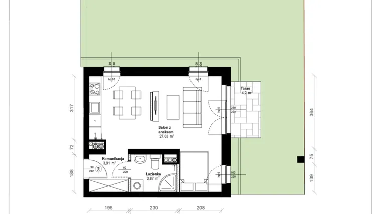 Rzut - Mieszkanie na sprzedaż 1 pokój o powierzchni 35,92 m² - numer B.0.07.1k w ATRIUM