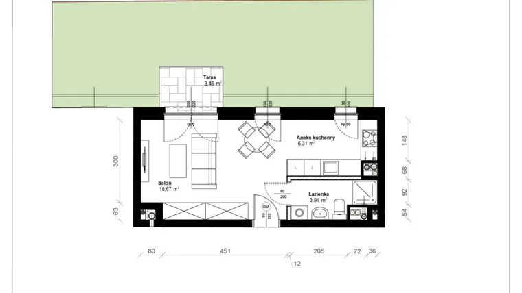 Rzut - Mieszkanie na sprzedaż 1 pokój o powierzchni 29,25 m² - numer B.0.06.1k w ATRIUM