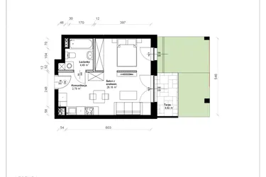 Rzut - Mieszkanie na sprzedaż 1 pokój o powierzchni 33,96 m² - numer B.0.10.1a w ATRIUM