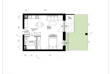 Rzut - Mieszkanie na sprzedaż 1 pokój o powierzchni 37,44 m² - numer B.0.11.1a w ATRIUM