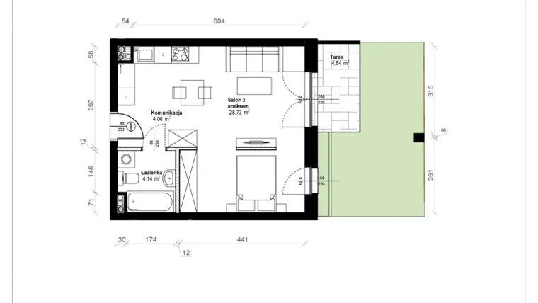Rzut - Mieszkanie na sprzedaż 1 pokój o powierzchni 37,44 m² - numer B.0.11.1a w ATRIUM