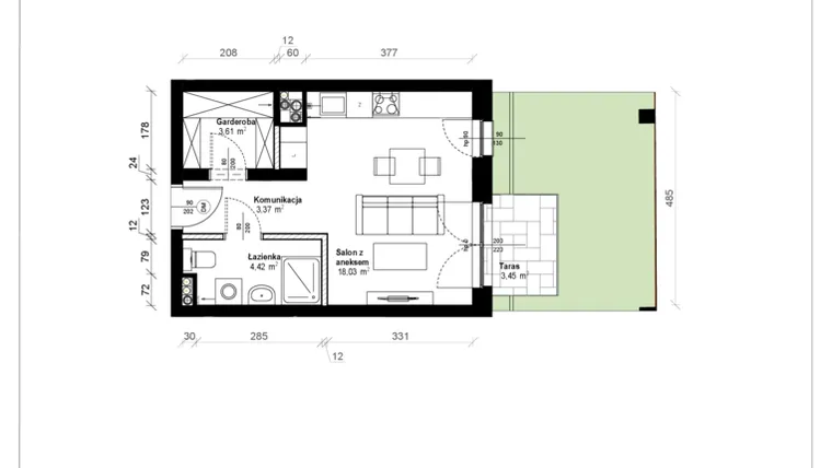 Rzut - Mieszkanie na sprzedaż 1 pokój o powierzchni 29,75 m² - numer B.0.09.1k w ATRIUM