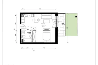 Rzut - Mieszkanie na sprzedaż 1 pokój o powierzchni 35,3 m² - numer B.0.13.1a w ATRIUM