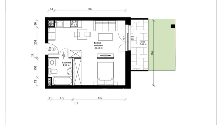 Rzut - Mieszkanie na sprzedaż 1 pokój o powierzchni 35,3 m² - numer B.0.13.1a w ATRIUM