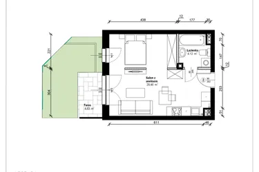 Rzut - Mieszkanie na sprzedaż 1 pokój o powierzchni 33,99 m² - numer B.0.19.1a w ATRIUM