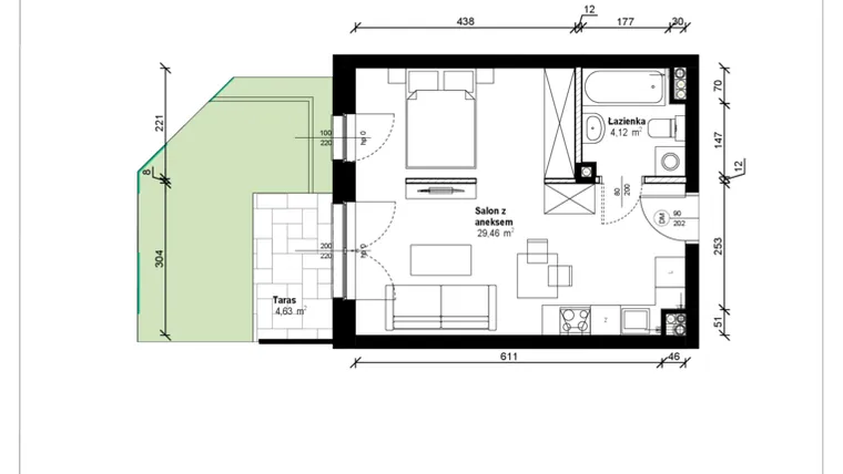 Rzut - Mieszkanie na sprzedaż 1 pokój o powierzchni 33,99 m² - numer B.0.19.1a w ATRIUM