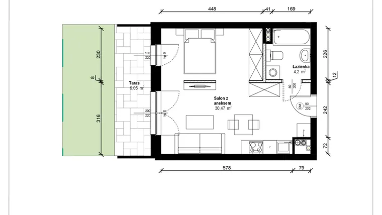 Rzut - Mieszkanie na sprzedaż 1 pokój o powierzchni 35,16 m² - numer B.0.18.1a w ATRIUM