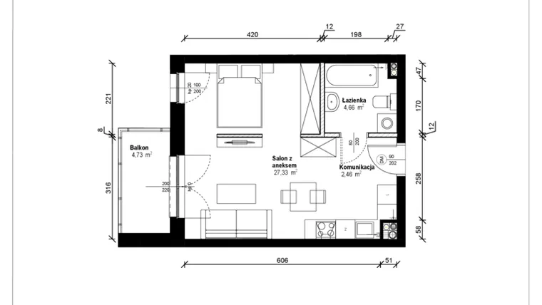 Rzut - Mieszkanie na sprzedaż 1 pokój o powierzchni 34,92 m² - numer B.1.20.1a w ATRIUM
