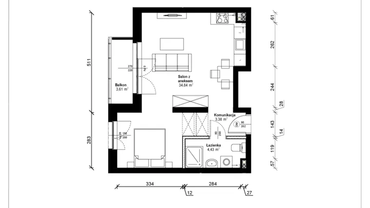 Rzut - Mieszkanie na sprzedaż 1 pokój o powierzchni 42,91 m² - numer B.1.21.1a w ATRIUM