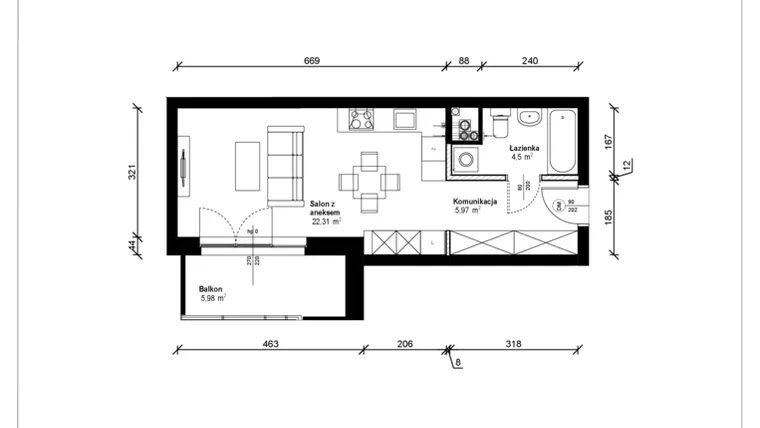 Rzut - Mieszkanie na sprzedaż 1 pokój o powierzchni 33,34 m² - numer B.1.22.1a w ATRIUM