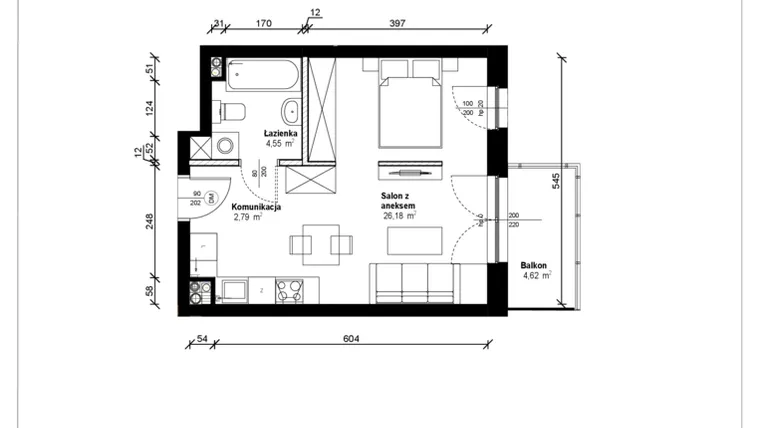 Rzut - Mieszkanie na sprzedaż 1 pokój o powierzchni 34,1 m² - numer B.1.29.1a w ATRIUM