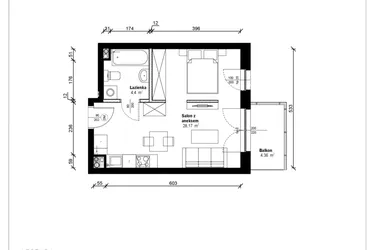Rzut - Mieszkanie na sprzedaż 1 pokój o powierzchni 32,98 m² - numer B.1.31.1a w ATRIUM