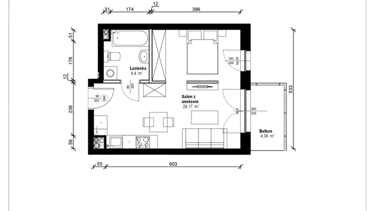 Rzut - Mieszkanie na sprzedaż 1 pokój o powierzchni 32,98 m² - numer B.1.31.1a w ATRIUM