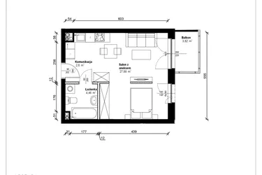 Rzut - Mieszkanie na sprzedaż 1 pokój o powierzchni 35,43 m² - numer B.1.32.1a w ATRIUM