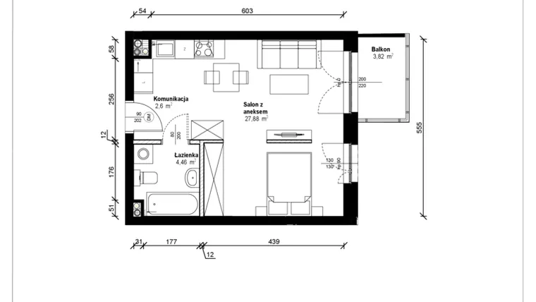 Rzut - Mieszkanie na sprzedaż 1 pokój o powierzchni 35,43 m² - numer B.1.32.1a w ATRIUM