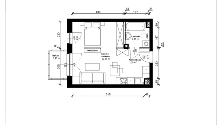 Rzut - Mieszkanie na sprzedaż 1 pokój o powierzchni 34,1 m² - numer B.1.38.1a w ATRIUM