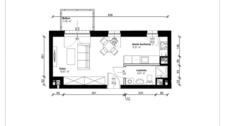 Rzut - Mieszkanie na sprzedaż 1 pokój o powierzchni 29,43 m² - numer B.2.45.1k w ATRIUM