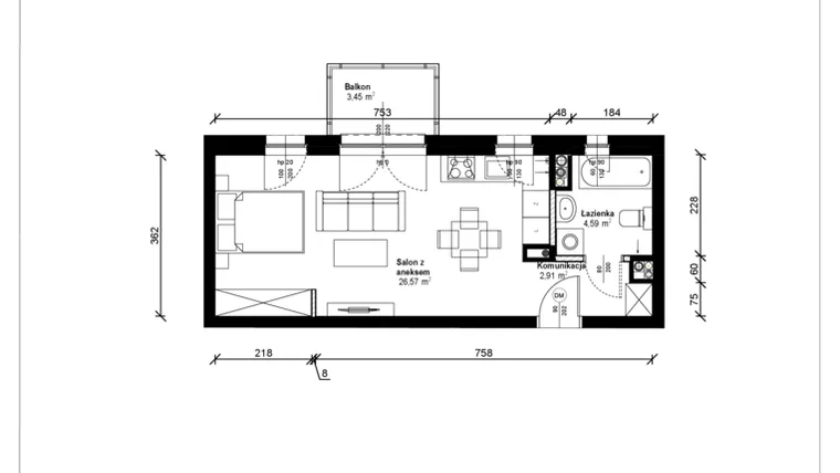 Rzut - Mieszkanie na sprzedaż 1 pokój o powierzchni 34,2 m² - numer B.2.44.1k w ATRIUM